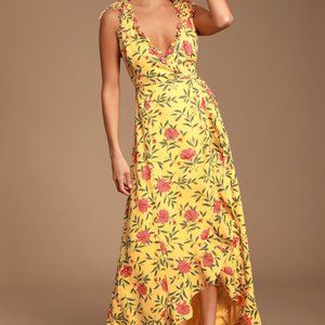 Blossoming Heart Yellow Floral Print Ruffled High-Low Wrap Dress